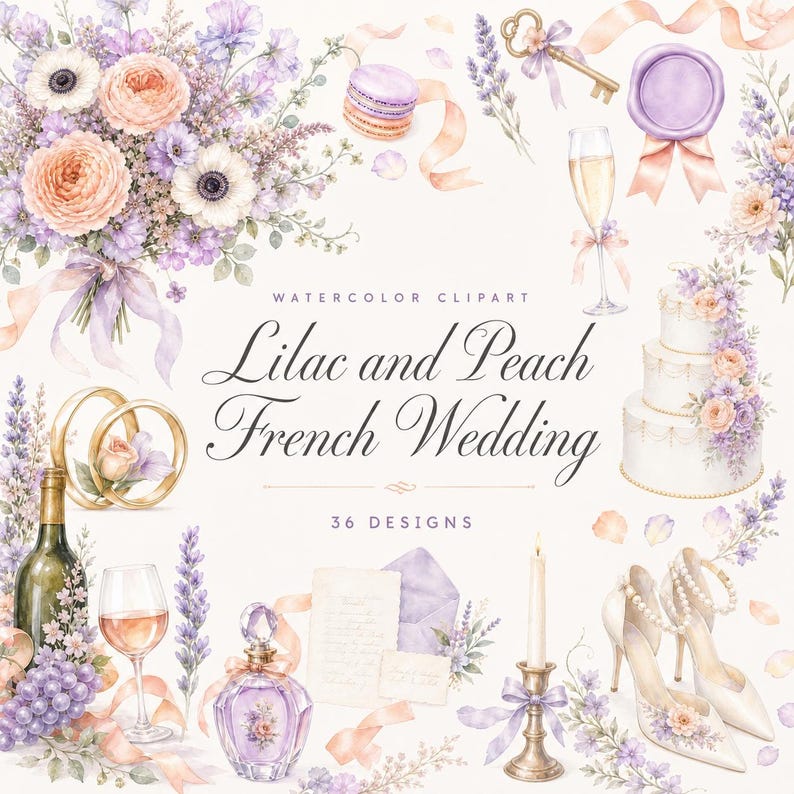lilac peach french wedding clipart
