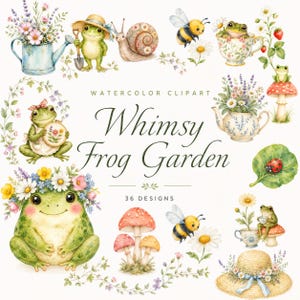 Puede incluir: Una colección de imágenes prediseñadas en acuarela con ranas, abejas, caracoles, setas, flores y accesorios de jardín. El texto central dice Watercolor Clipart Whimsy Frog Garden 36 Designs. Las ilustraciones incluyen ranas en tazas de té, con sombreros y bastidores de bordado, rodeadas de arreglos florales e insectos.