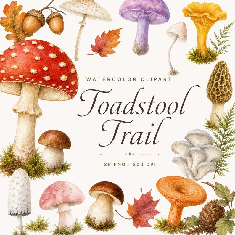 watercolor mushroom clipart bundle