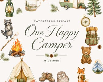 36 Watercolor One Happy Camper Clipart | Camping PNG Bundle | Summer Adventure Birthday | Digital Download