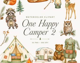 Watercolor Happy Camper Clipart Set, 36 Camping Designs Bundle