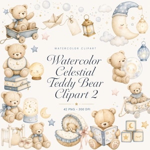 watercolor celestial teddy bear clipart