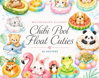 26 Pool Float Clipart Chibi Animals | Kawaii Summer PNG Bundle | Pool Party Stickers Invitations | Digital Download