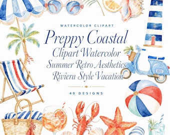 40 imágenes prediseñadas de acuarela estilo preppy costero | Paquete PNG de Riviera de verano | Iconos de playa de vacaciones retro | Descarga digital