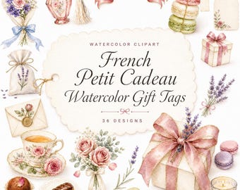 36 French Petit Cadeau Watercolor Gift Tags | Little Treat PNG Clipart Bundle | Just Because Gift Stickers | Digital Download