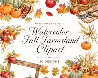 30 Aquarell-Cliparts für herbstliche Bauernhofstände | Erntemarkt-PNG-Bundle | Schilder für den Apfelfesthof | Digitaler Download