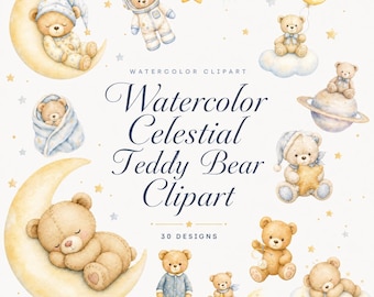 30 Watercolor Celestial Teddy Bear Clipart | Nursery PNG Bundle | Moon Stars Baby Shower | Digital Download