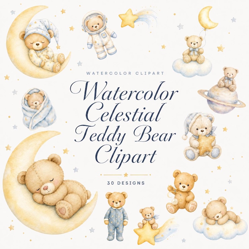 watercolor celestial teddy bear clipart