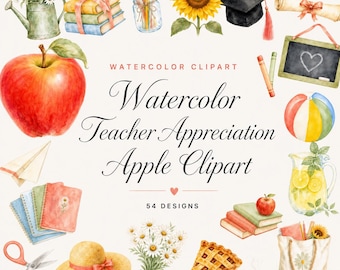 54 imágenes prediseñadas de manzanas en acuarela para agradecer a los maestros | Paquete PNG de graduación | Regalo de agradecimiento para maestros al final del año | Descarga digital