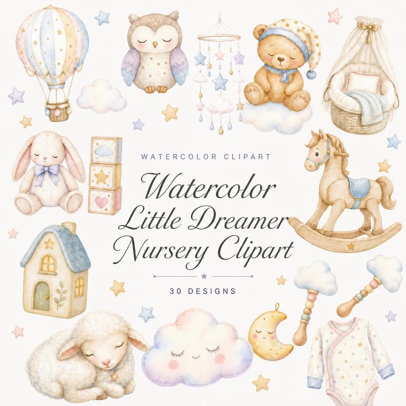 watercolor little dreamer nursery clipart