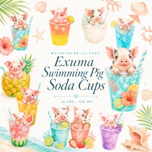 watercolor Exuma swimming pig soda cups clipart bundle