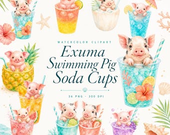 Watercolor Exuma Swimming Pig Soda Cups 36 Design Clipart Bundle
