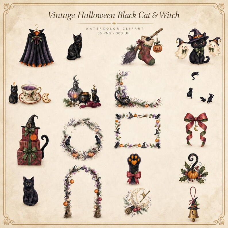 WonderfulPNG enhanced bundle grid preview page 2 of 2 — vintage-halloween-black-cat-witch