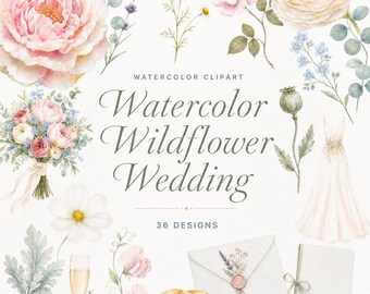 36 Watercolor Wildflower Wedding Florals | Peony Eucalyptus PNG Bundle | Bridal Invitation Clipart | Digital Download