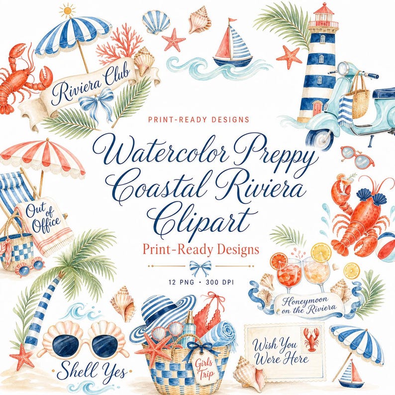 watercolor preppy coastal PNG design bundle