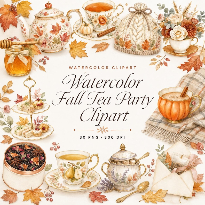 watercolor fall tea party clipart
