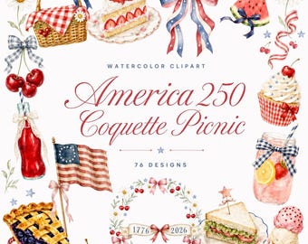 76 America 250 Coquette Picnic Clipart | Patriotic Bow PNG Bundle | 4th July Picnic Americana | Digital Download
