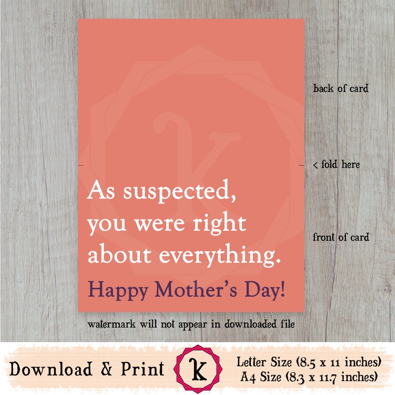Printable Funny Mother's Day Card Instant Download High Quality ...