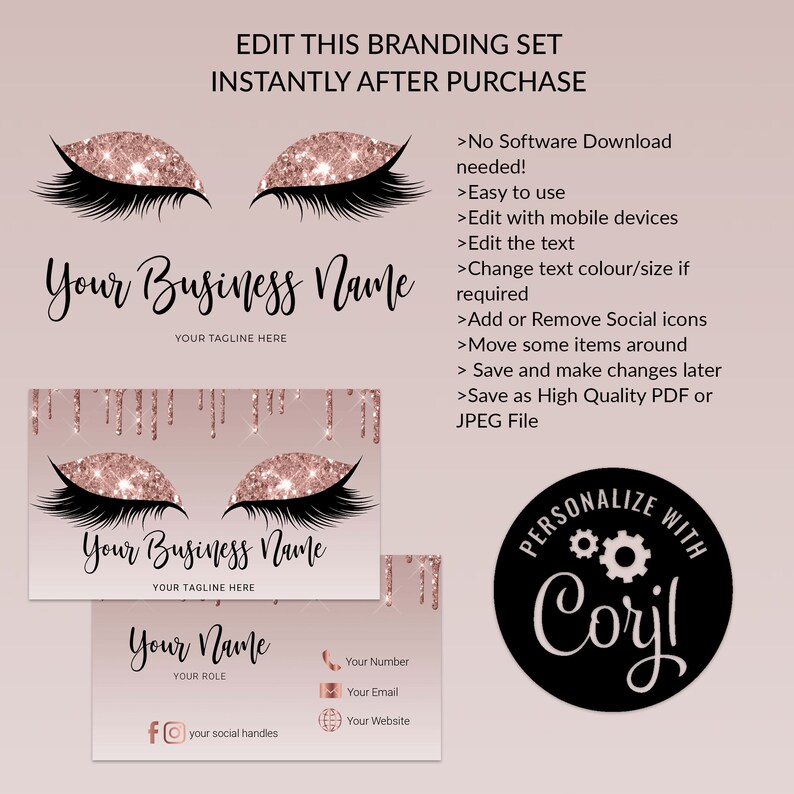 Lash Branding Kit Rose Gold Glitter Lash Logo Beauty Branding Set My