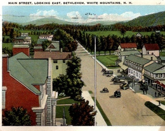 Bethlehem, New Hampshire - A view of Downtown on Main Street, looking East - White Mountains - in 1937 - Vintage Postcard