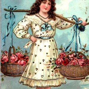 Saudação de aniversário - Menina com cestas de rosas nos ombros - Em relevo - c1908 - Cartão postal vintage, cartão postal antigo