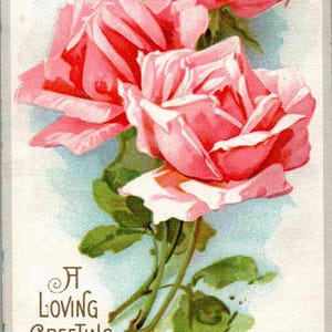 Uma saudação amorosa - Rosas cor-de-rosa - Assinado pelo artista - em 1912 - Cartão postal vintage, cartão postal antigo