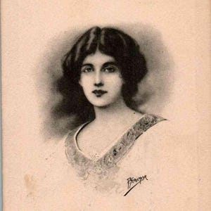 Linda Senhora com Cabelos Encaracolados - Assinatura do Artista - em 1912 - Cartão Postal Vintage, Cartão Postal Antigo