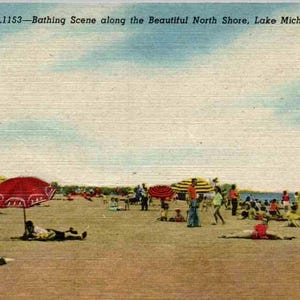 Vintage 1940s Illinois Lake Michigan Bathing Scene Linen Postcard