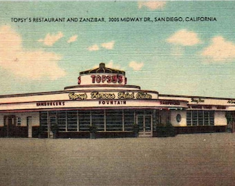 San Diego, California - Dine at Topsy&#39;s Restaurant and Zanzibar - in the 1940s -Vintage Postcard, Antique Postcard