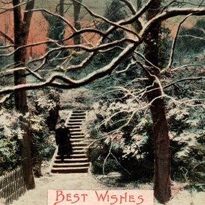 Best Wishes, Man, Stairs, Park, Winter, in 1910, Vintage Postcard, Antique Postcard