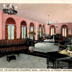 San Diego, Californie, Sun Parlour, appartement-hôtel de Barcelone, années 1920, carte postale ancienne, carte postale ancienne