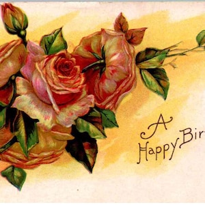 Um Feliz Aniversário - Rosas Cor-de-Rosa, Em Relevo, Fundo Amarelo - em 1912 - Cartão Postal Vintage, Cartão Postal Antigo