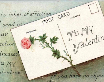 A mi San Valentín, muestra de afecto, rosa rosa, postal antigua, postal vintage