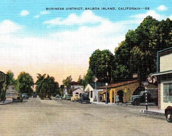 Balboa Island, Kalifornien - Ansicht des Geschäftsviertels der Stadt - 1940er Jahre - Vintage Postkarte