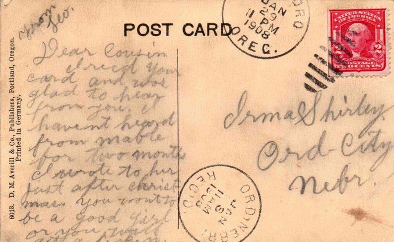 1908 Postmark Portland, Oregon - View in 1908 of Second and Washington Streets ...