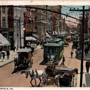 Norfolk, Virginie - Une vue du centre-ville sur Main Street, Trolley, Horse & Buggy - en 1917 - Carte postale ancienne, ancienne