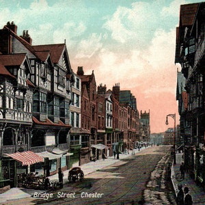 Chester, England - Looking down Bridge Street - c1908 - Vintage Postcard,  Antique Postcard