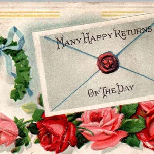 Muitos Felizes Retornos do Dia - Rosas, Envelope - Em Relevo - em 1913 - Antigo, Cartão Postal Vintage