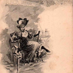 Linda moça esperando seu par para jantar chegar - c1905 - Cartão postal antigo, cartão postal vintage