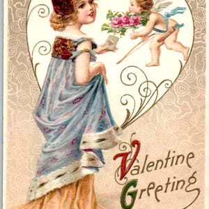 Embossed Valentine Postcard – Victorian Girl and Angel, c1909