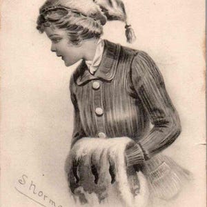 Linda Dama no Inverno - Artista (S. Norman) Assinado - em 1912 - Cartão Postal Vintage, Cartão Postal Antigo