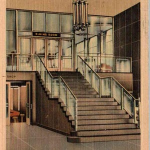 Washington DC, escalier menant à la salle à manger, aéroport national de Washington, années 40, carte postale vintage, carte postale ancienne