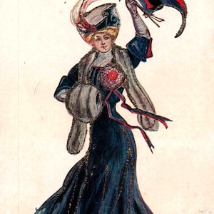 Puede incluir: Ilustración vintage de una mujer con un vestido y sombrero azul oscuro, sosteniendo un banderín con un diseño rojo y azul. La imagen incluye el texto "Hoo-rah! Pennsylvania!" y es de la serie universitaria.