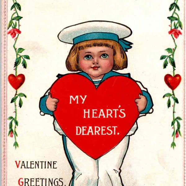 Valentine's Greetings - Sailor Boy - My Heart's Desire - Embossed - c1908 - Antique, Vintage Postcard