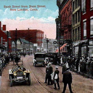 New London, Conneticut - Blick auf die Bank Street von der State Street aus gesehen - c1908 - Vintage Postkarte, Antike Postkarte