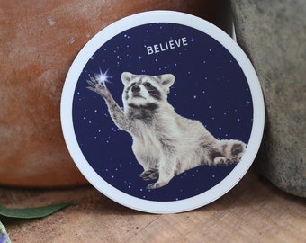 Believe Raccoon sticker - Raccoon Animal Sticker - Waterproof Vinyl Sticker - Water Resistant - Laptop Desk Stationary - Raccoon Lover Gift
