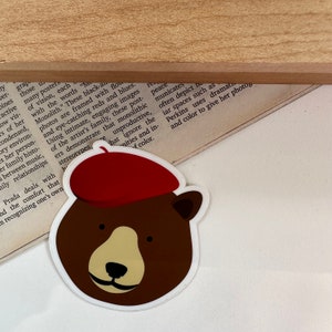 Bear with beret die cut sticker - Cute Bear Sticker - Cottage Core Sticker - Waterproof Bear Sticker - Cute Brown Bear Sticker - Puddle Bear