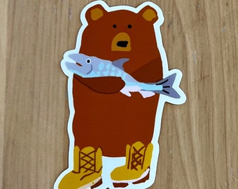 Adorable Bear Wearing Timberlands and Carrying a Fish Sticker -  Premium Die Cut Vinyl Stickers  - Laptops, Water Bottles, Journals Sticker