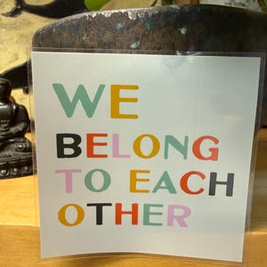 May include: A white card with the words "WE BELONG TO EACH OTHER" in colorful block letters. The card is in a clear plastic sleeve and is displayed on a wooden shelf. A dark brown pot with a plant is in the background.