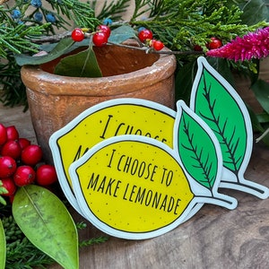 May include: Two yellow lemon-shaped stickers with the text "I choose to make lemonade" on a wooden surface. The stickers are surrounded by green leaves and red berries.